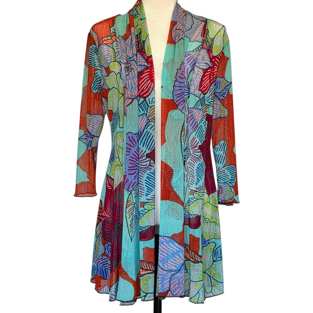 Ali Miles Floral Mesh Open Front Cardigan Duster Longline Artsy Resort Womens S